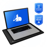 Laptop on a cooling pad with EMF radiation blocking technology and heat reduction features.