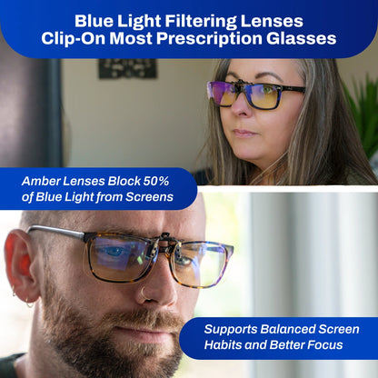 Advertisement for blue light filtering lenses clip-on prescription glasses with text about blue light blocking and balanced screen habits.