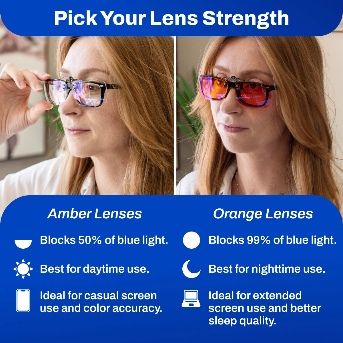 Comparison of amber and orange lenses with text on lens strength and usage Clip-ons Blue Light Glasses