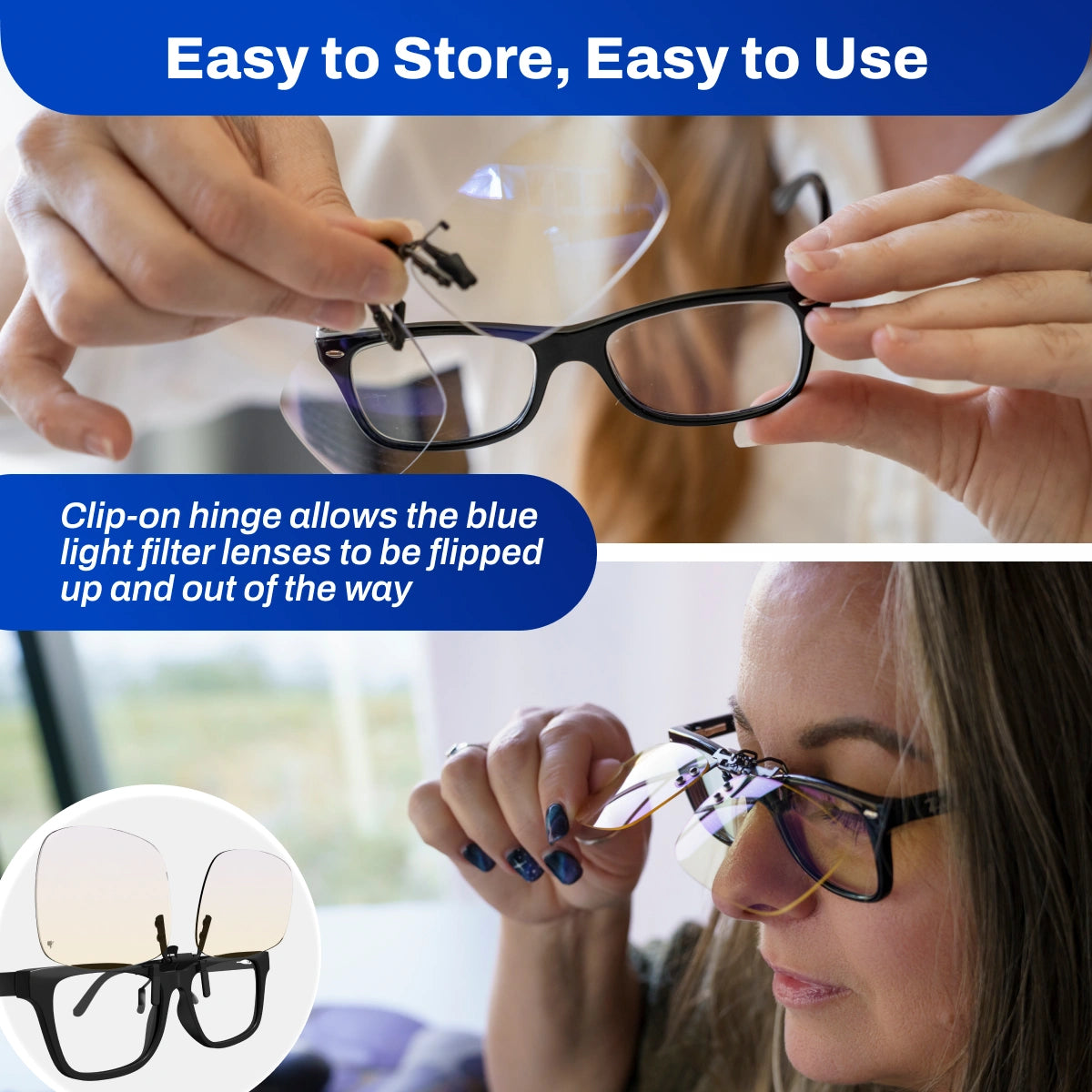 Person adjusting Clip-ons Blue Light Glasses with text on easy storage and use.
