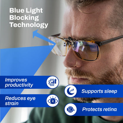 Man wearing Clip-ons Blue Light Glasses blocking technology, highlighting benefits on a gray background.