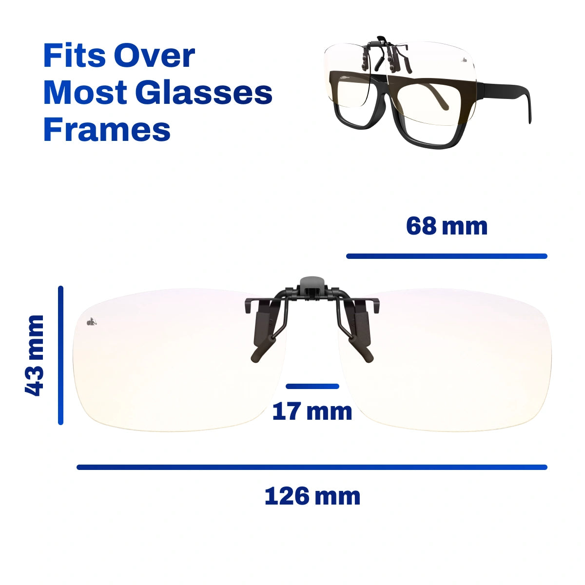 Clip-ons Blue Light Glasses with dimensions labeled on a white background