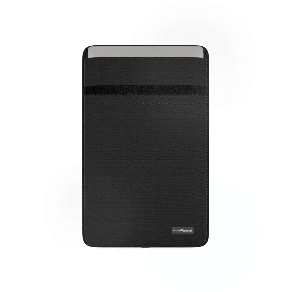 Black tablet sleeve with a visible brand logo on a white background