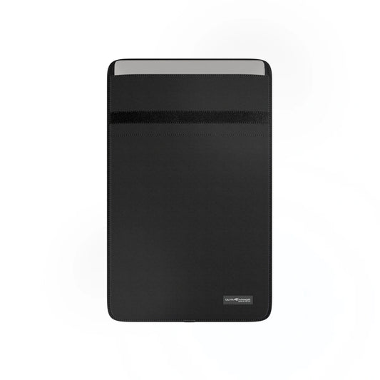 Black tablet sleeve with a visible brand logo on a white background