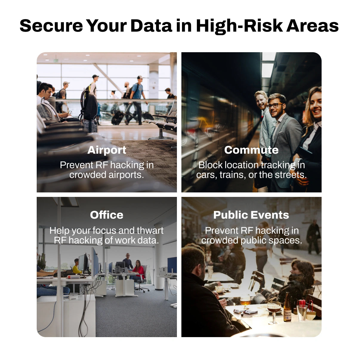 Promotional graphic for data security solutions with scenarios at airport, commute, office, and public events.