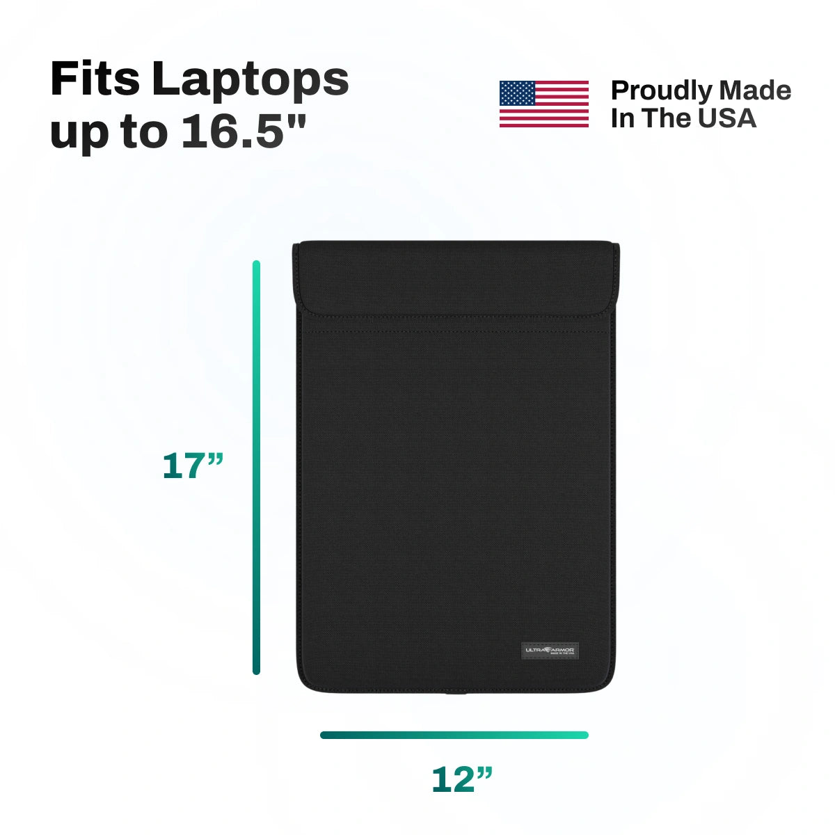 Black laptop sleeve with dimensions and 'Made in the USA' label on a white background