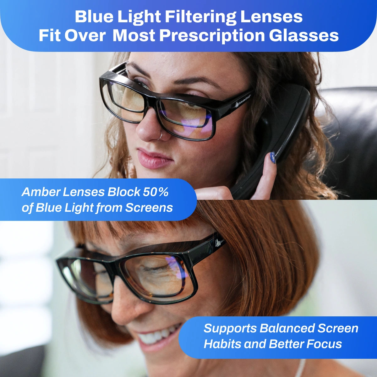 Woman wearing FitOver Blue Light with blue light filtering lenses, talking on a phone.