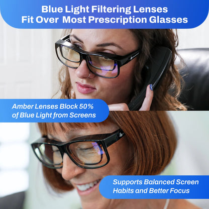 Woman wearing FitOver Blue Light with blue light filtering lenses, talking on a phone.