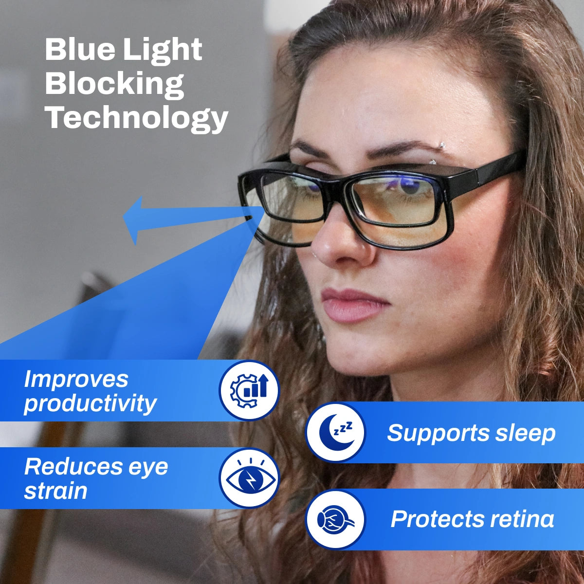Woman wearing FitOver Blue Light with blue light blocking technology, text highlighting benefits.