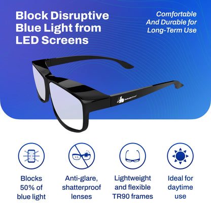 Black FitOver Blue Light with blue light blocking features on a blue background