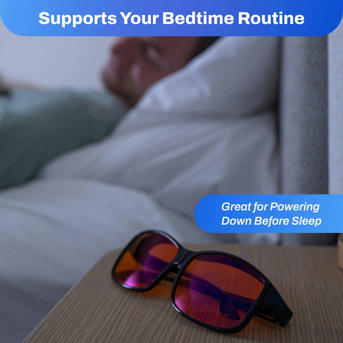 FitOver Blue Light on a table with a blurred background of someone lying in bed, text indicating support for bedtime routine.