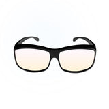 Black-framed blue light glasses with light lenses on a white background