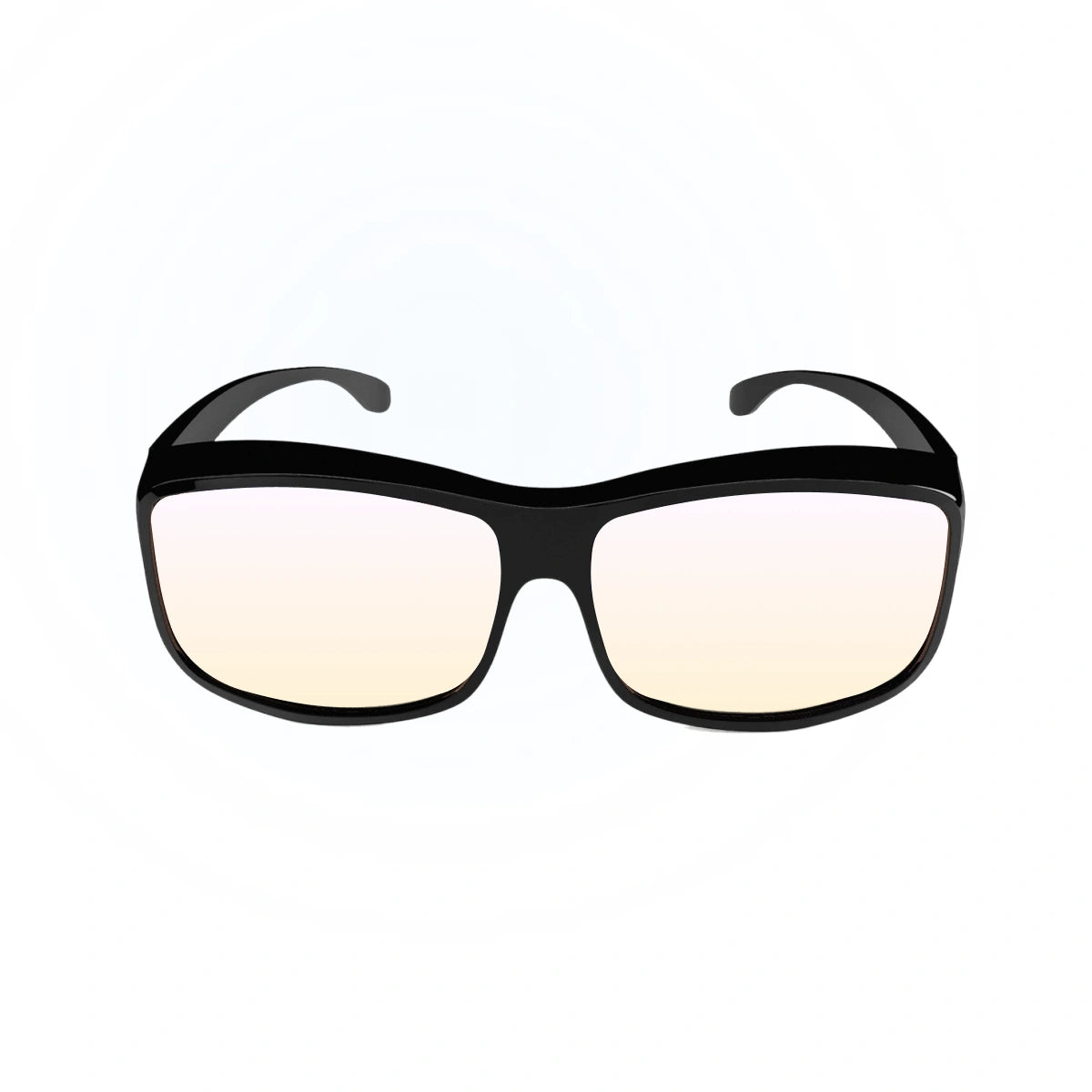 Black-framed blue light glasses with light lenses on a white background