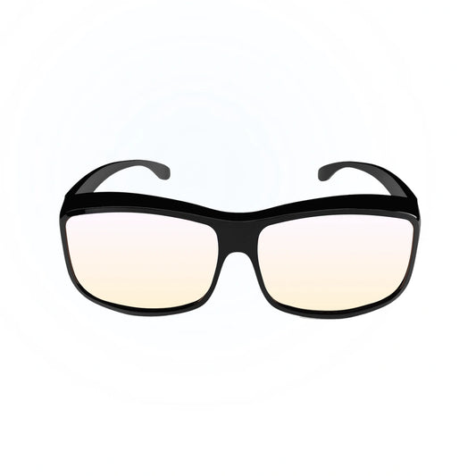 Black-framed blue light glasses with light lenses on a white background