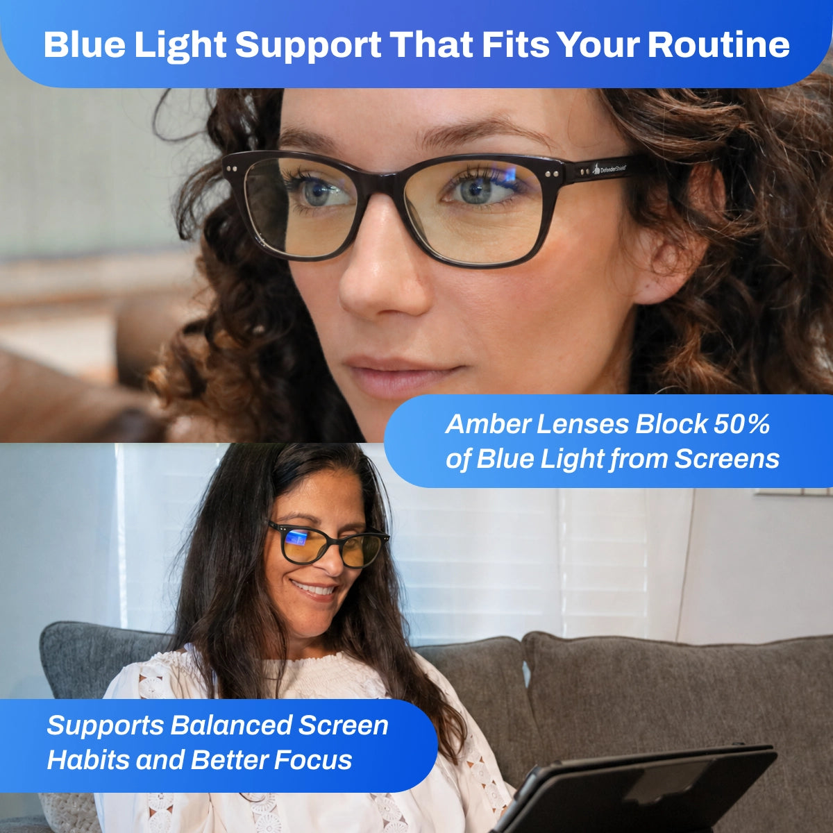 DefenderShield Noble Black Blue Light Blocking Glasses with black frames and 50% blue light blocking lenses