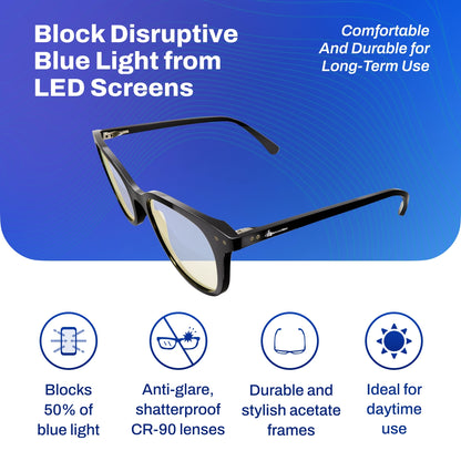DefenderShield Noble Black Blue Light Blocking Glasses with black frames and 50% blue light blocking lenses