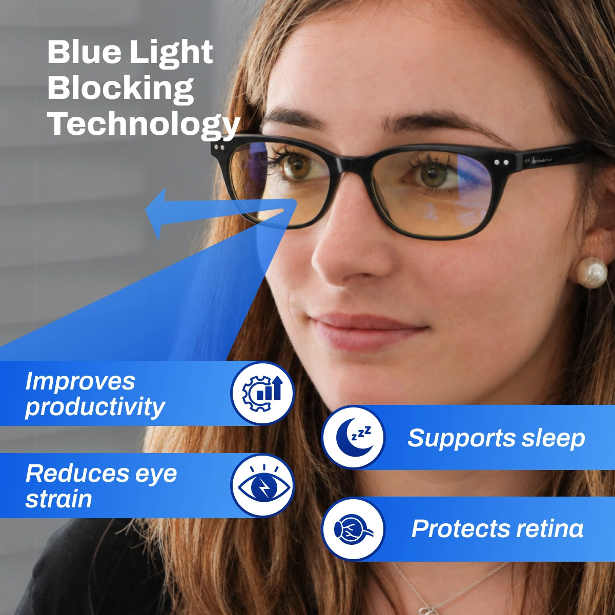DefenderShield Noble Black Blue Light Blocking Glasses with black frames and 50% blue light blocking lenses