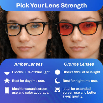 DefenderShield Noble Black Blue Light Blocking Glasses with black frames and 50% blue light blocking lenses