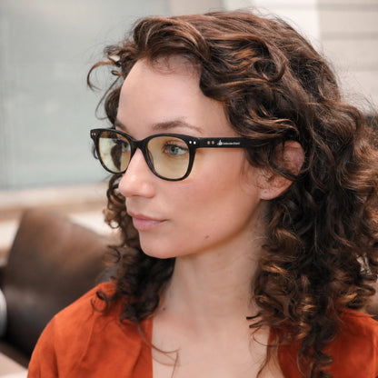 DefenderShield Noble Black Blue Light Blocking Glasses with black frames and 50% blue light blocking lenses