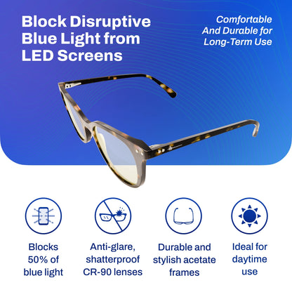 DefenderShield Noble Tortoiseshell Blue Light Blocking Glasses with tortoiseshell frames and 50% blue light blocking lenses