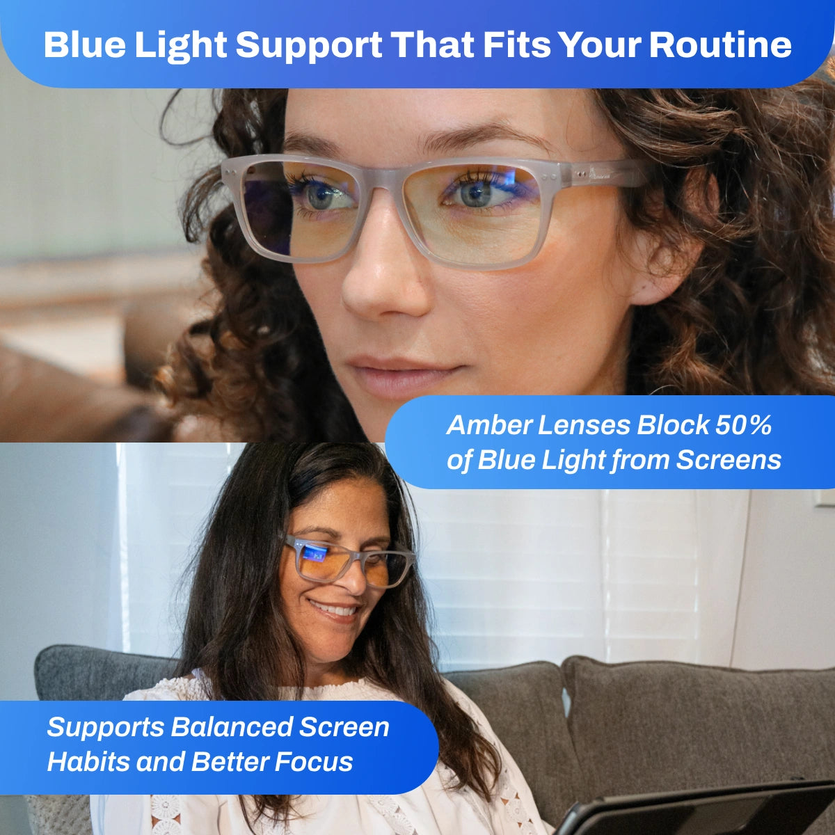Woman wearing Signature Blue Light Glasses with amber lenses, sitting on a couch, with text about blue light support and amber lens benefits.