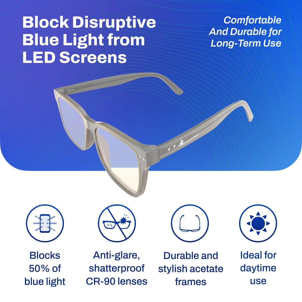 Signature Blue Light Glasses light blocking glasses with features listed on a blue and white background