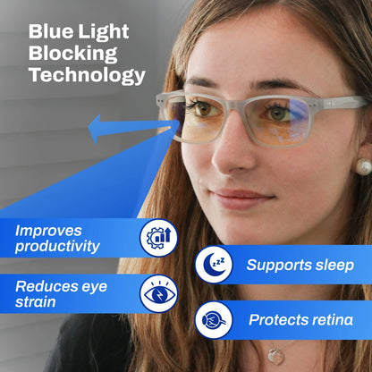 Woman wearing Signature Blue Light Glasses with blue light blocking technology, showing benefits on a gray background.