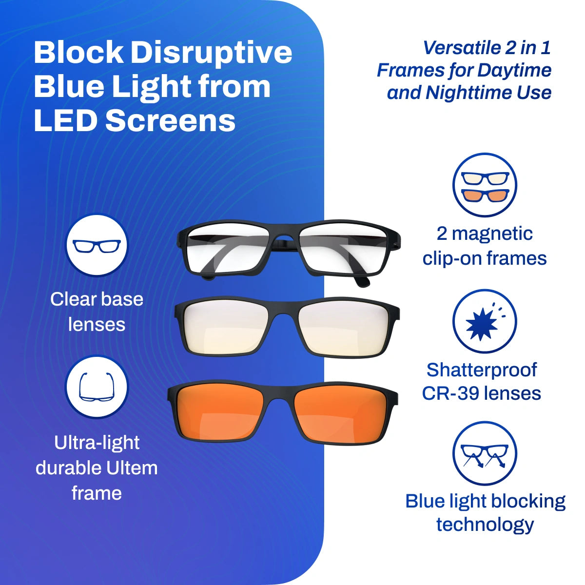 Glasses with blue light blocking technology on a blue and white background