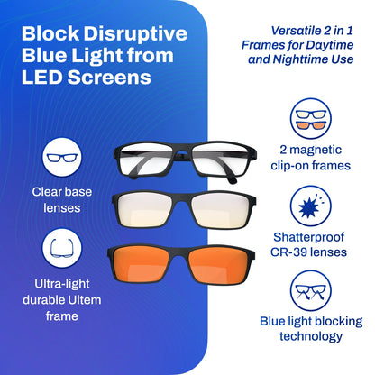 Glasses with blue light blocking technology on a blue and white background