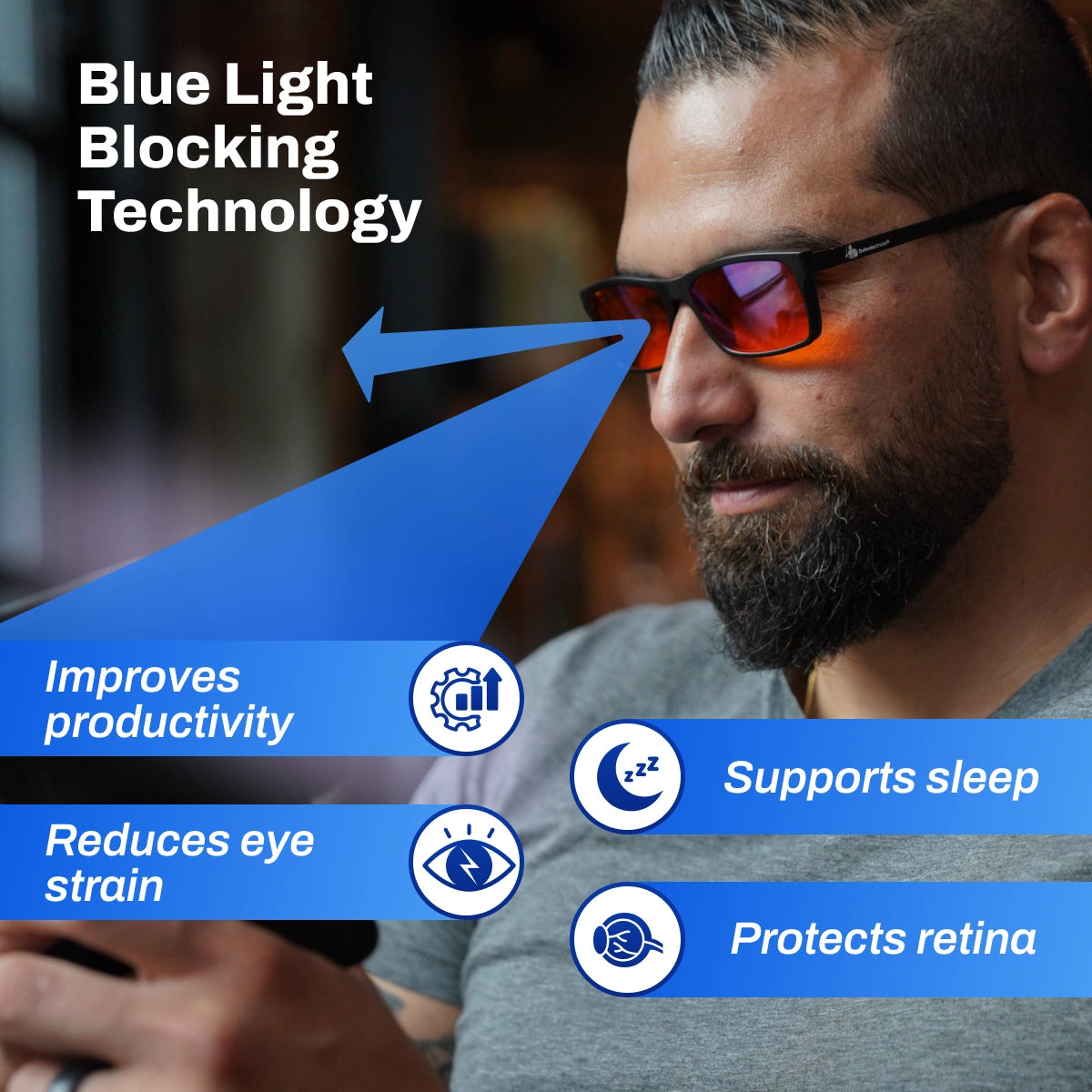 Man wearing blue light blocking glasses with text highlighting benefits