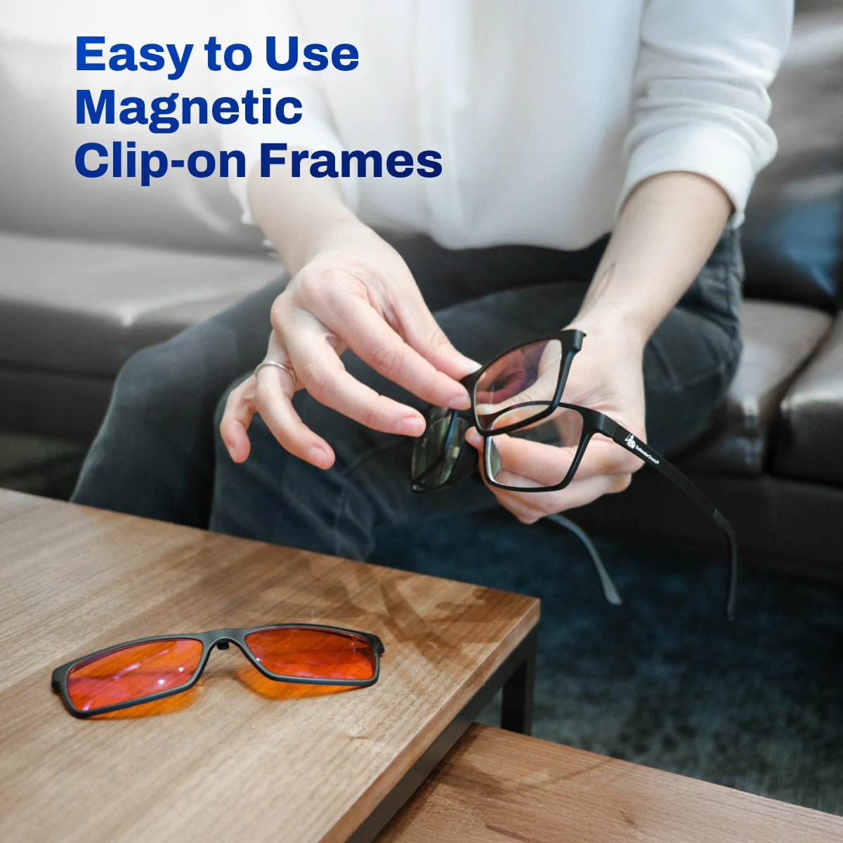 Person holding magnetic clip-on frames with text 'Easy to Use Magnetic Clip-on Frames' above.