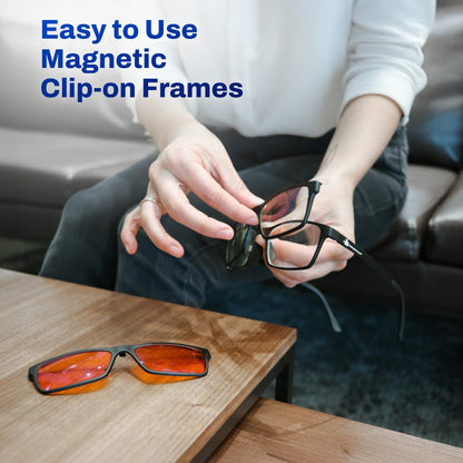 Person holding magnetic clip-on frames with text 'Easy to Use Magnetic Clip-on Frames' above.