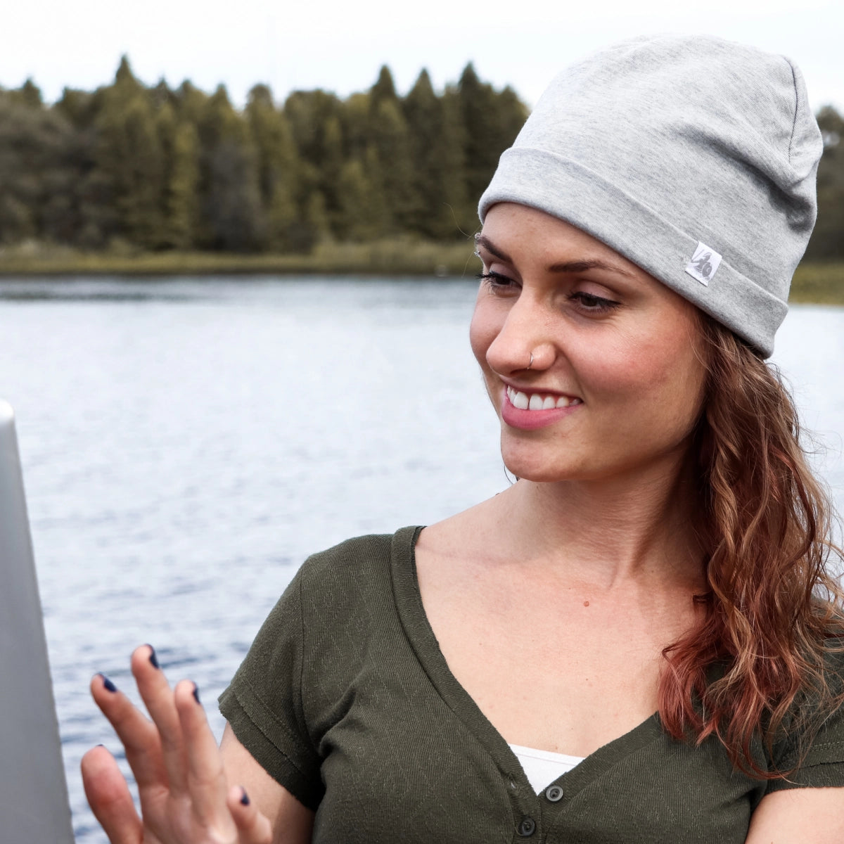 DefenderShield EMF Protection Adult Beanie Gray woman outside wearing beanie