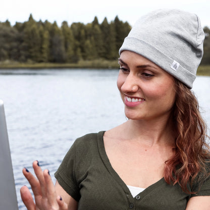 DefenderShield EMF Protection Adult Beanie Gray woman outside wearing beanie