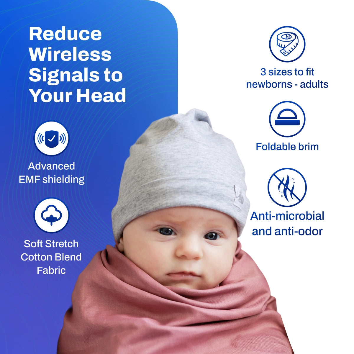 DefenderShield EMF Protection Baby Beanie Gray reduce wireless signals to your head