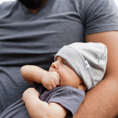 DefenderShield EMF Protection Baby Beanie Gray baby wearing beanie