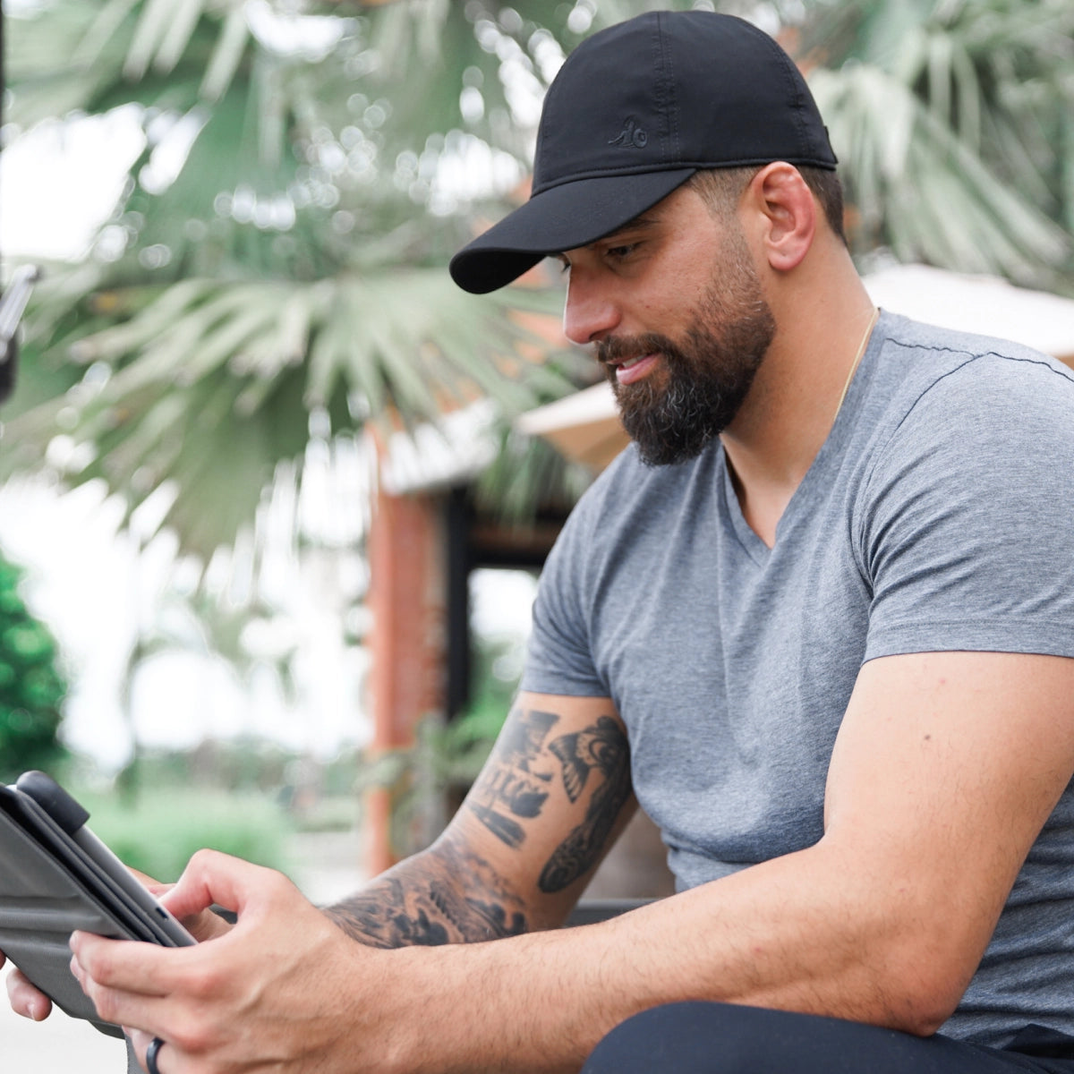 DefenderShield EMF Protection Baseball Cap man outside wearing hat