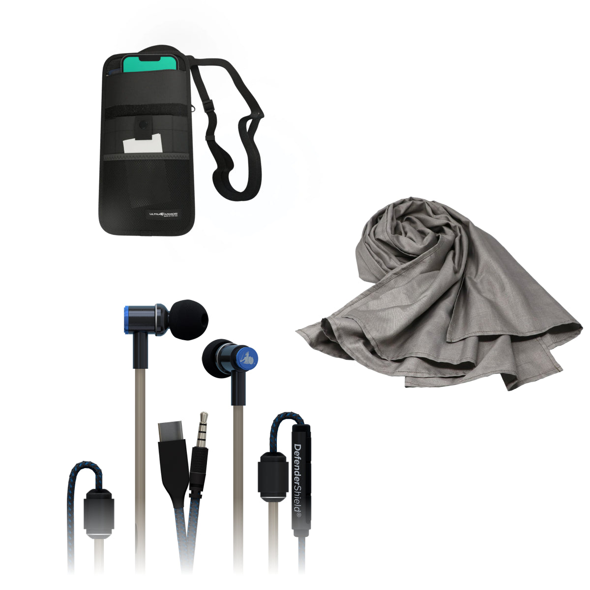 DefenderShield EMF Protection Travelers Bundle Crossbody Gray Scarf