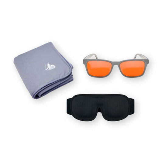 DefenderShield EMF Protection Bedtime Bundle, anti-radiation blanket, blue light blocking glasses, and sleep mask