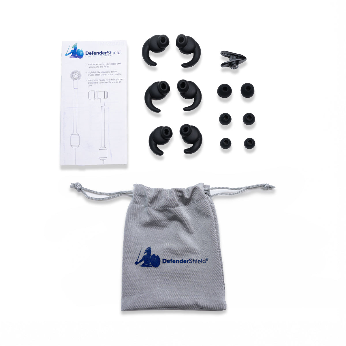 DefenderShield EMF Protection Ear Tips Replacement Pack Various Styles and Sizes Clip Instruction Manual Carrying Case with Drawstring