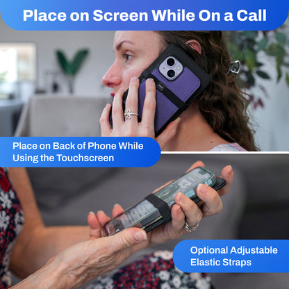 DefenderShield EMF Protection Universal Phone Shield Place on Screen While on Call Woman Talking on Phone Purple Case