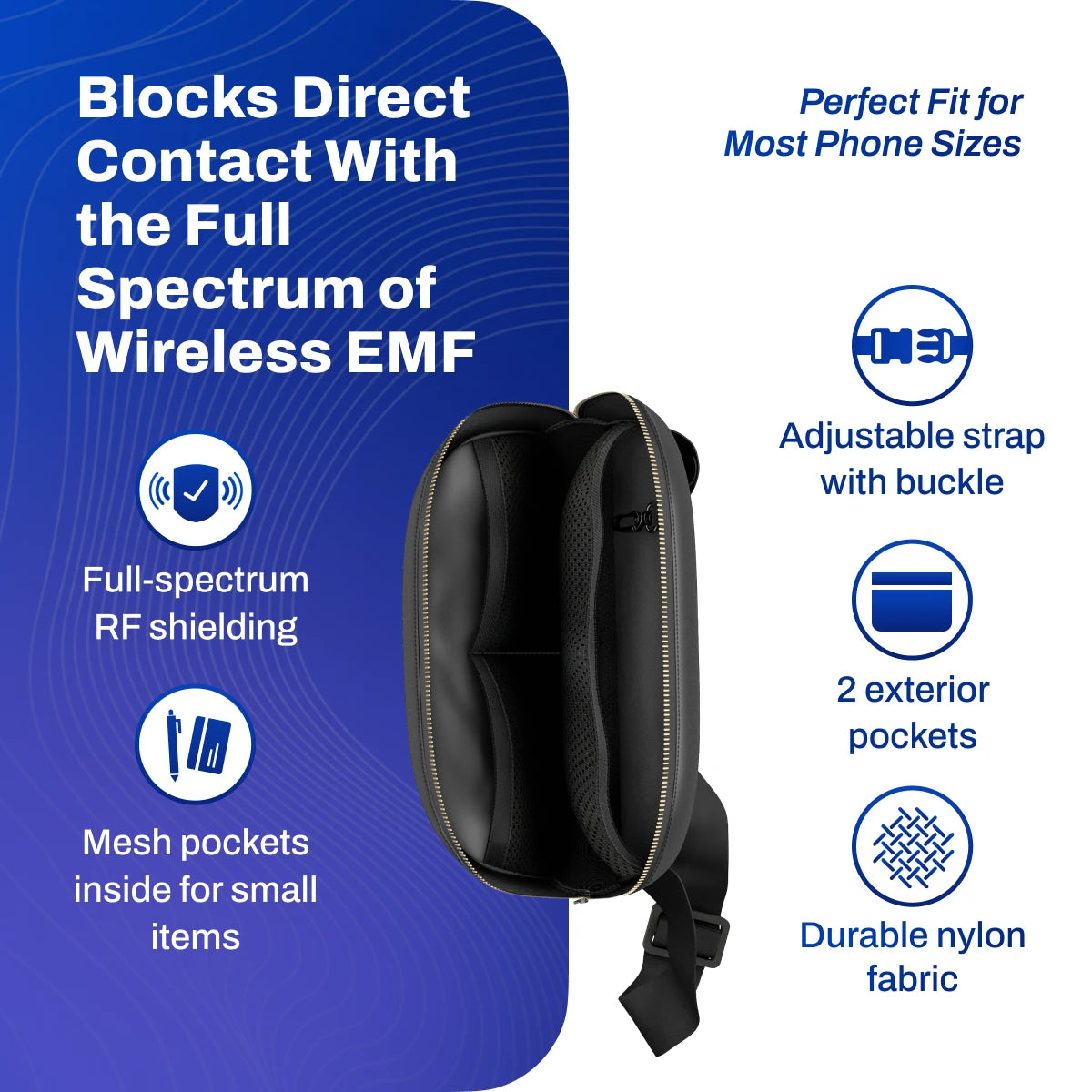 DefenderShield EMF Protection Hip Pack Black blocks direct contact with full spectrum of wireless signals