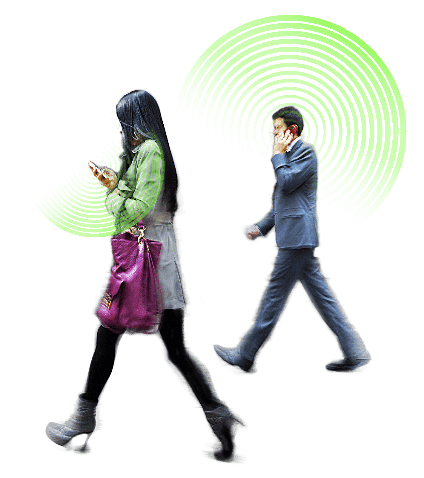 Muž & žena Chodí S Mobilními Telefony