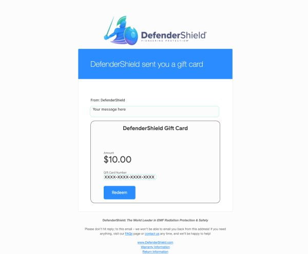 DefenderShield E-Gift Card Email Receipt Example