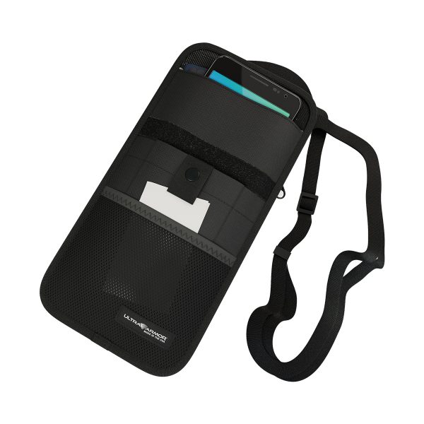DefenderShield Faraday ConcealShield Phone Travel Bag front open with a phone sticking out